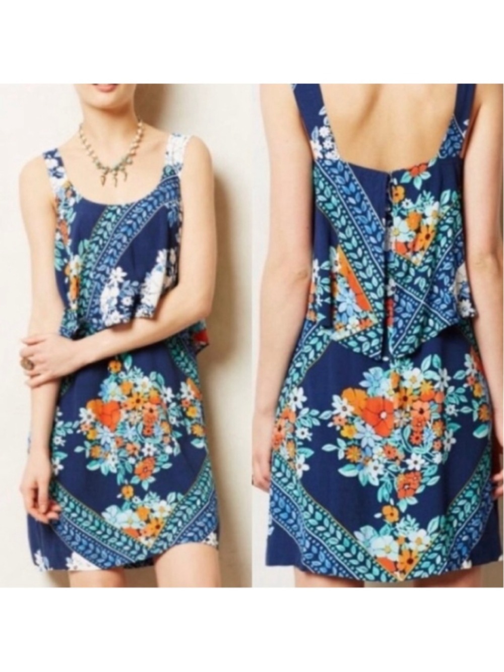 Maeve Anthropologie Tisana Floral Ruffle Mini Dress Blue Size 4